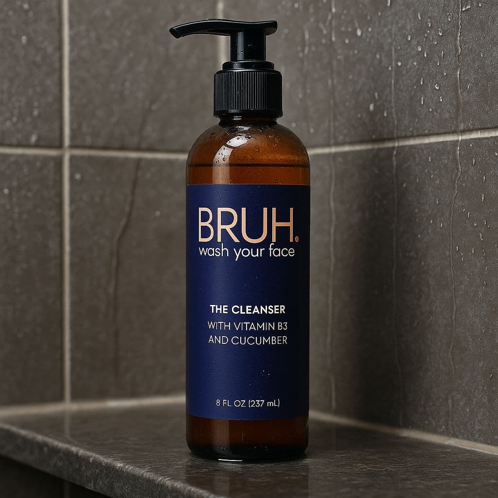 The Cleanser on a bathroom shelf